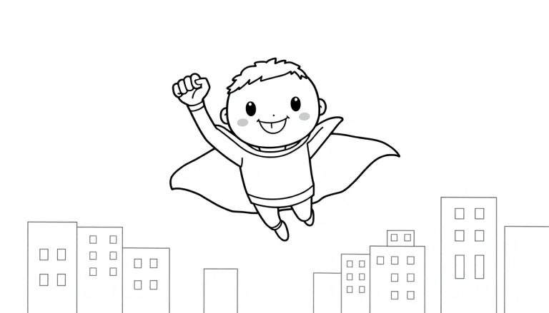 A cute cartoon superhero boy with a cape flying over a city, ready for coloring. A black and white color panel.