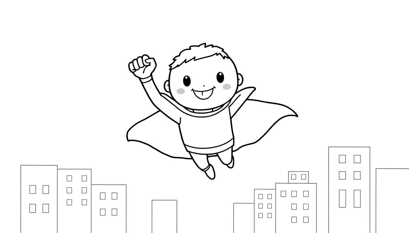 A cute cartoon superhero boy with a cape flying over a city, ready for coloring. A black and white color panel.