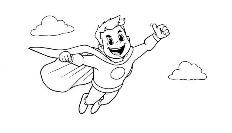 A cheerful young superhero giving a thumbs-up, flying through the sky. This black and white illustration is a perfect color panel for kids.