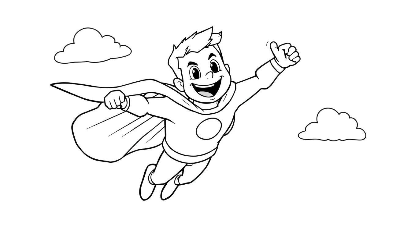A cheerful young superhero giving a thumbs-up, flying through the sky. This black and white illustration is a perfect color panel for kids.