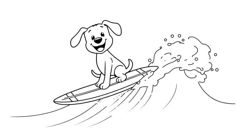 A happy cartoon dog surfing on a wave, ready for a color panel.