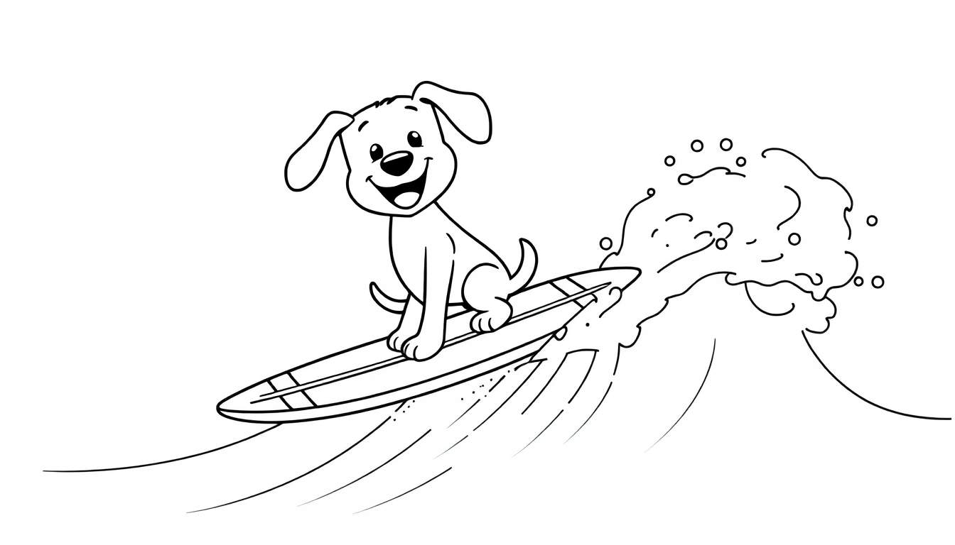 A happy cartoon dog surfing on a wave, ready for a color panel.