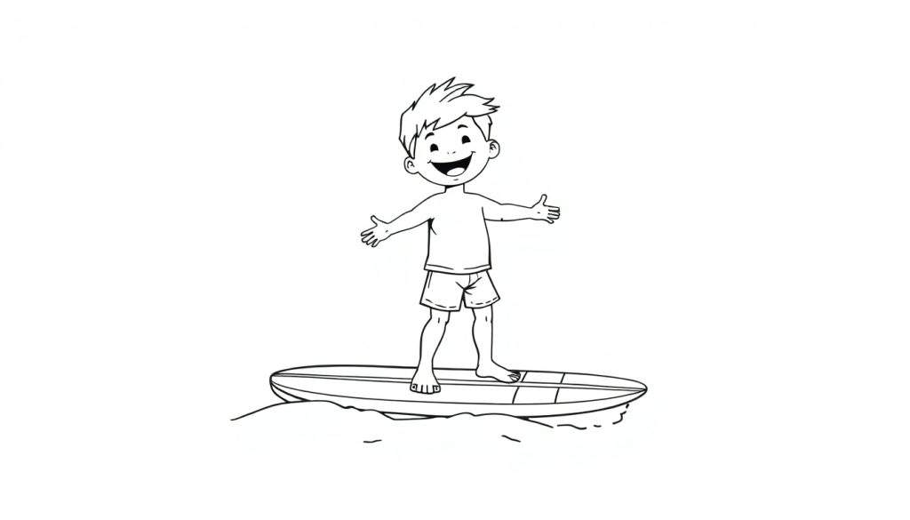 A happy boy on a surfboard, coloring panel, black and white.