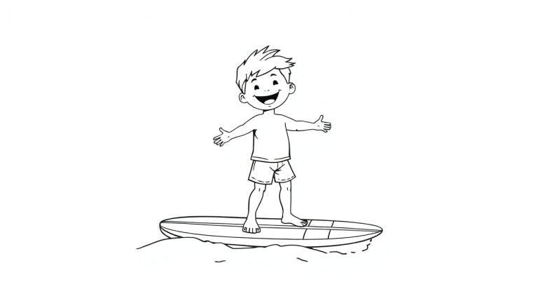 A happy boy on a surfboard, coloring panel, black and white.