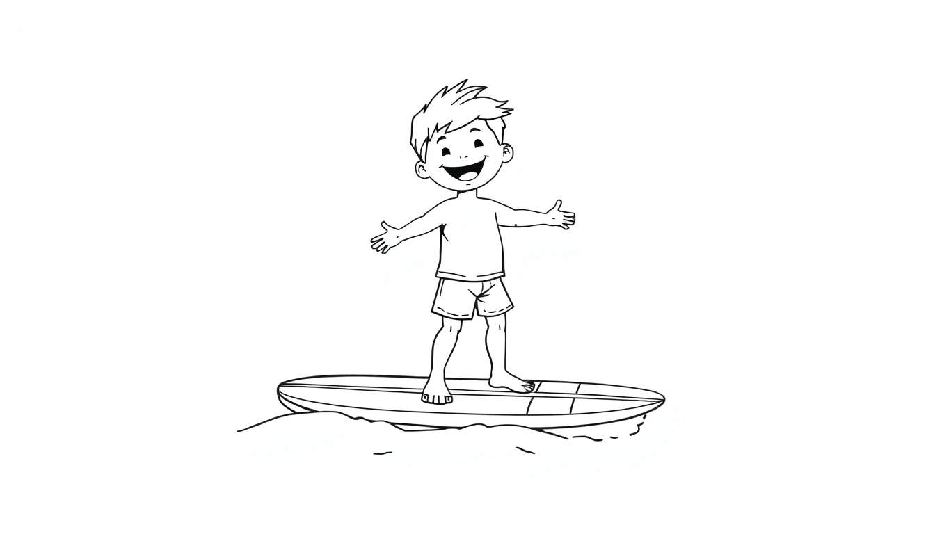 A happy boy on a surfboard, coloring panel, black and white.