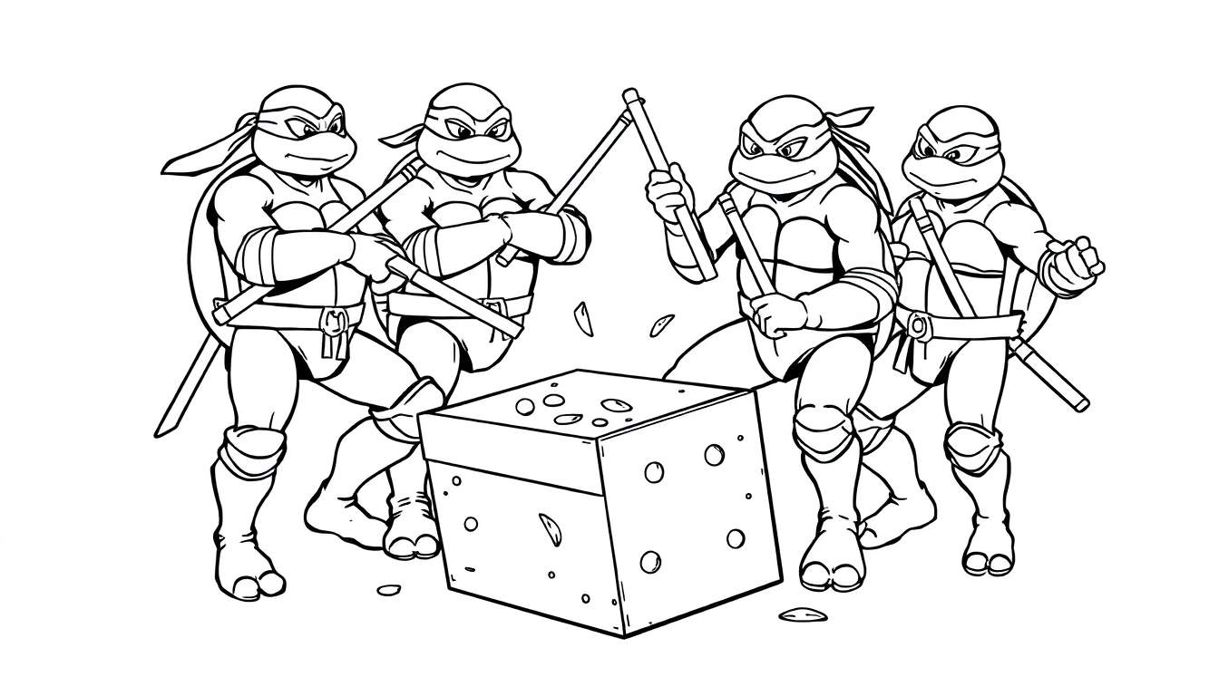 Teenage Mutant Ninja Turtles ready for action around a cheese cube, a black and white color panel.