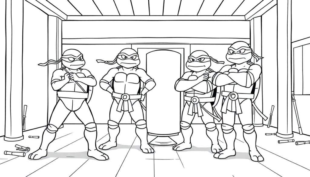 Teenage Mutant Ninja Turtles standing in a dojo, a black and white coloring panel.