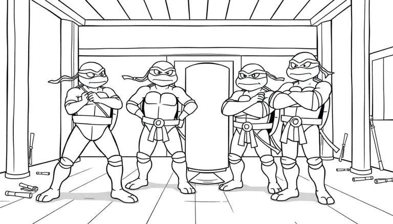 Teenage Mutant Ninja Turtles standing in a dojo, a black and white coloring panel.