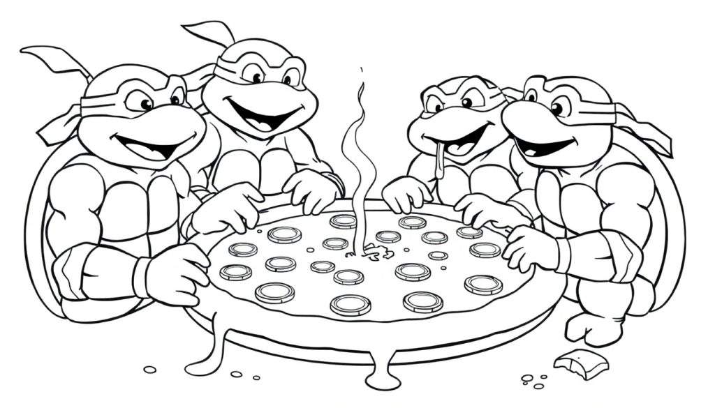 Teenage Mutant Ninja Turtles enjoying pizza, a black and white coloring page color panel.