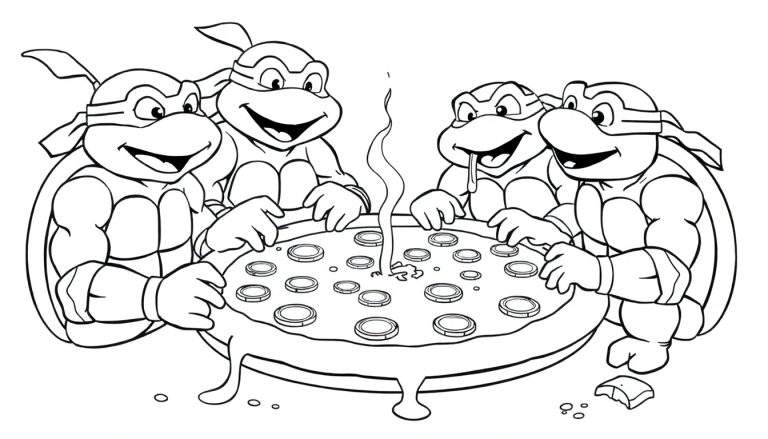 Teenage Mutant Ninja Turtles enjoying pizza, a black and white coloring page color panel.