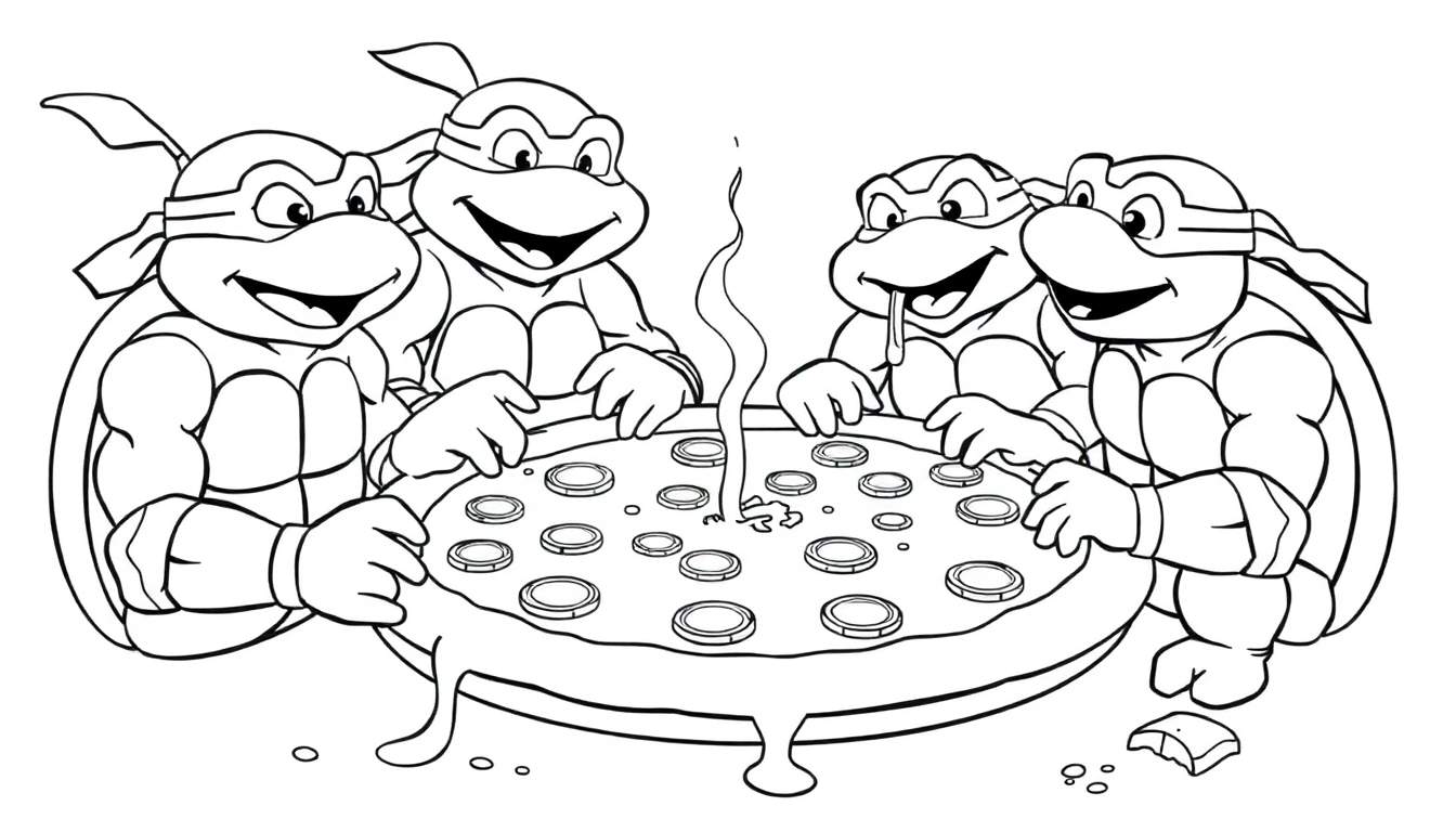 Teenage Mutant Ninja Turtles enjoying pizza, a black and white coloring page color panel.