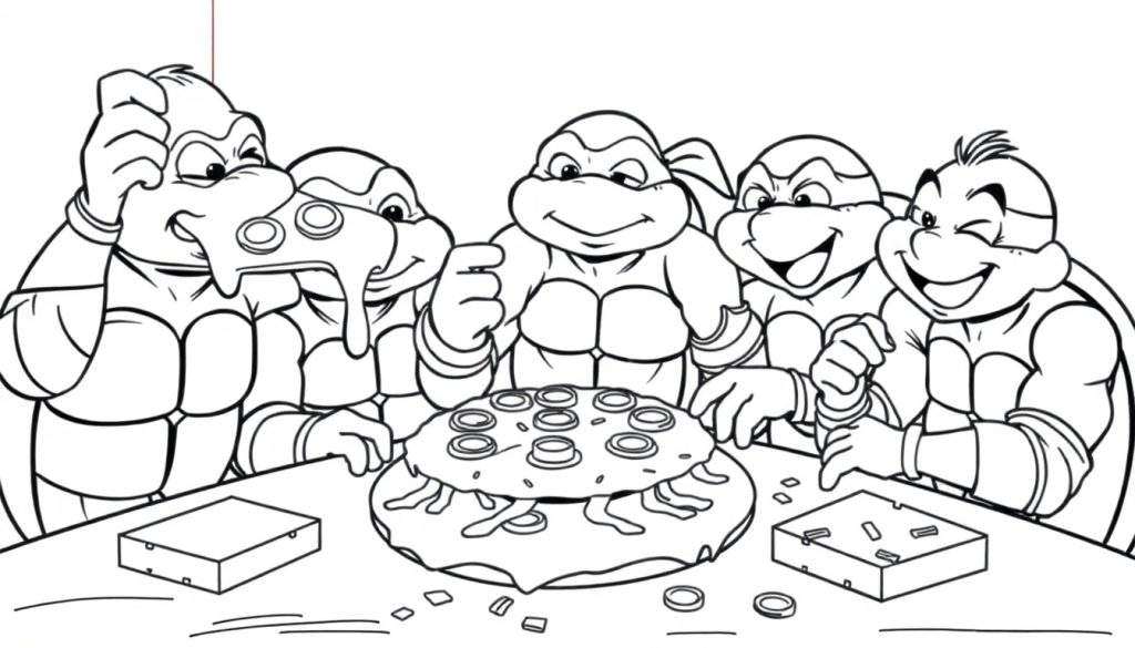 Teenage Mutant Ninja Turtles enjoying pizza from a color panel.