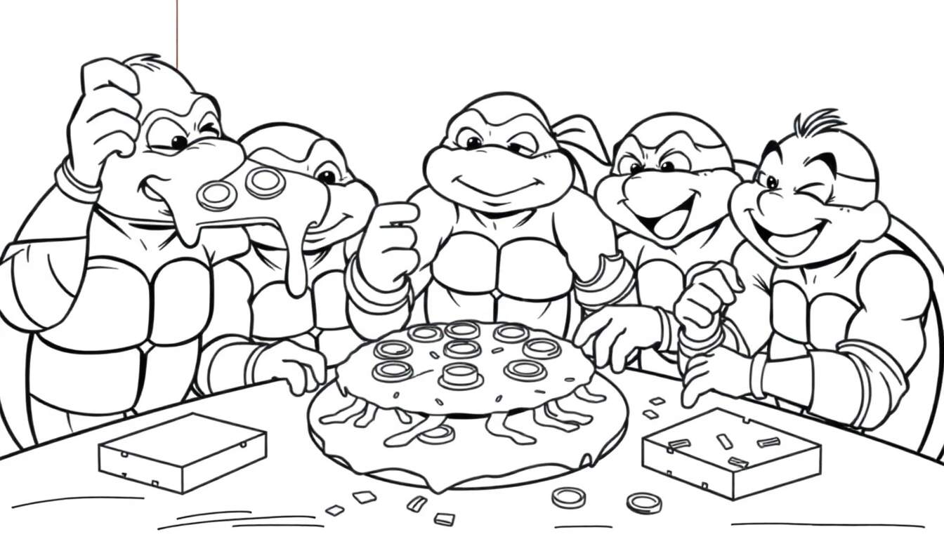 Teenage Mutant Ninja Turtles enjoying pizza from a color panel.