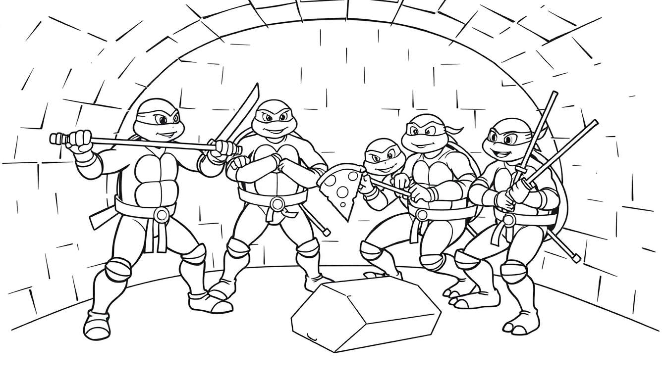 Teenage Mutant Ninja Turtles in their sewer lair color panel.