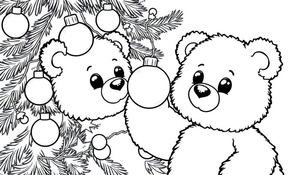 A black and white coloring page of two cute teddy bears decorating a Christmas tree, with one bear holding an ornament. A fun color panel awaits!