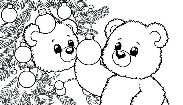 A black and white coloring page of two cute teddy bears decorating a Christmas tree, with one bear holding an ornament. A fun color panel awaits!