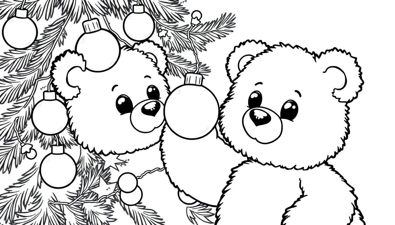 A black and white coloring page of two cute teddy bears decorating a Christmas tree, with one bear holding an ornament. A fun color panel awaits!