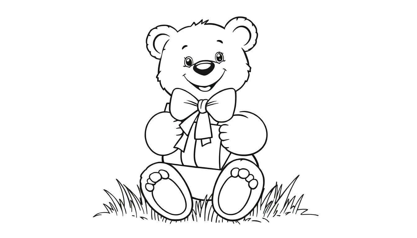 A smiling teddy bear in grass, ready for a color panel.