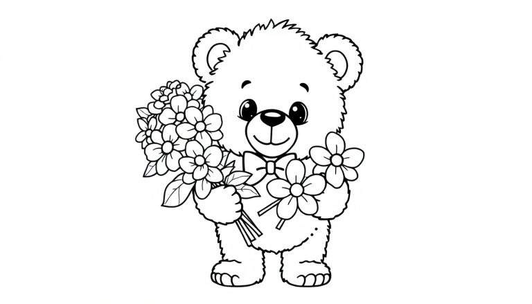 Cute teddy bear holding flowers, a delightful color panel for Mother's Day.