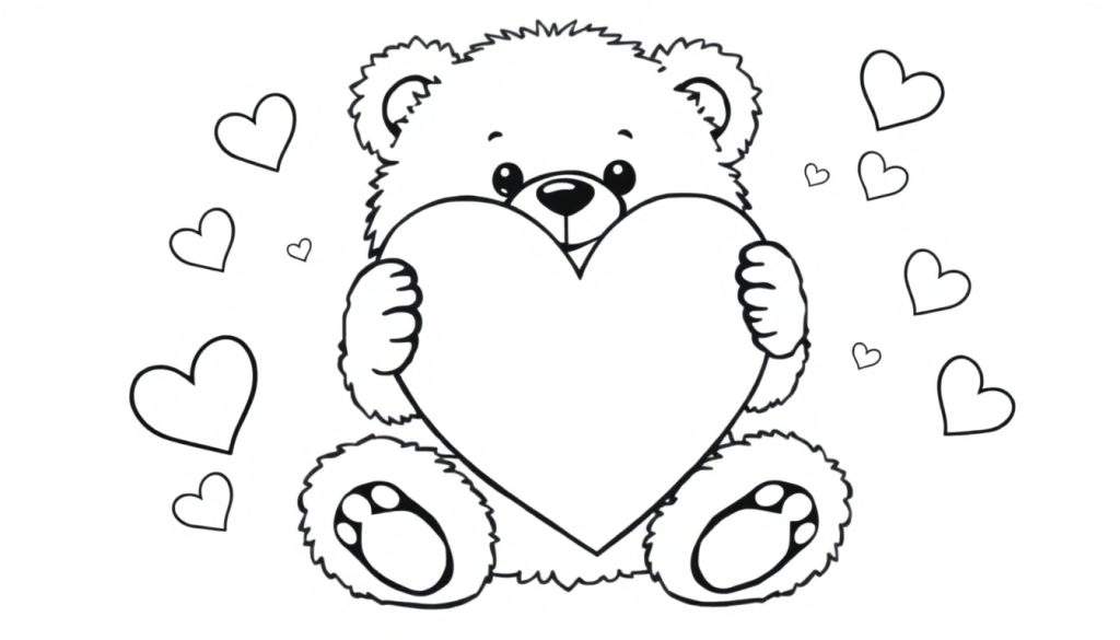 A black and white line drawing coloring panel of a cute teddy bear holding a big heart, with smaller hearts floating around it.
