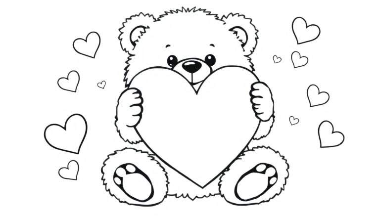 A black and white line drawing coloring panel of a cute teddy bear holding a big heart, with smaller hearts floating around it.