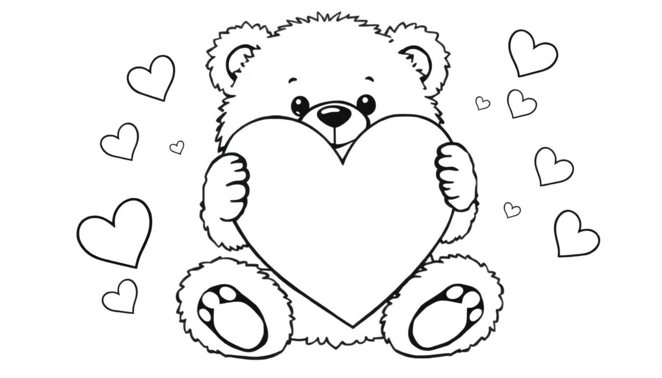 A black and white line drawing coloring panel of a cute teddy bear holding a big heart, with smaller hearts floating around it.