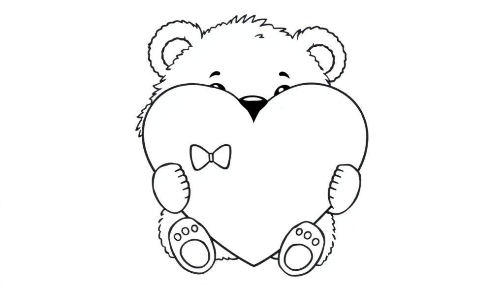 A black and white cartoon teddy bear holding a heart, ready for the color panel.