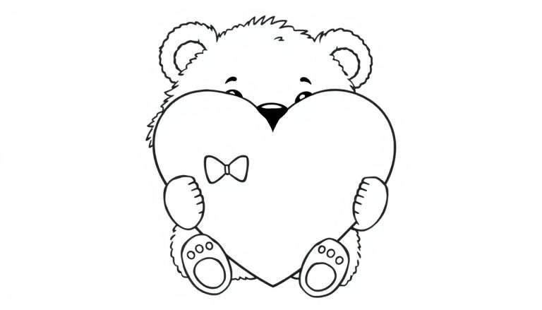 A black and white cartoon teddy bear holding a heart, ready for the color panel.