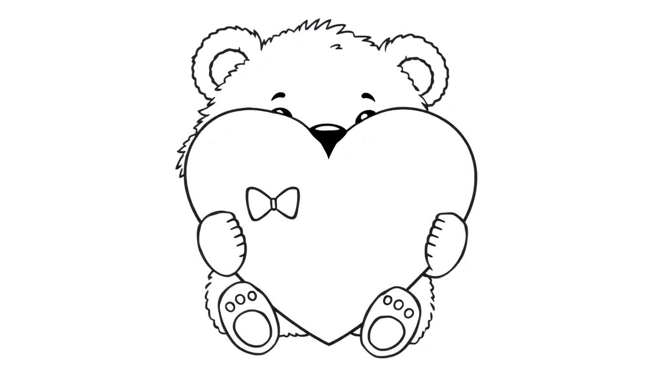 A black and white cartoon teddy bear holding a heart, ready for the color panel.