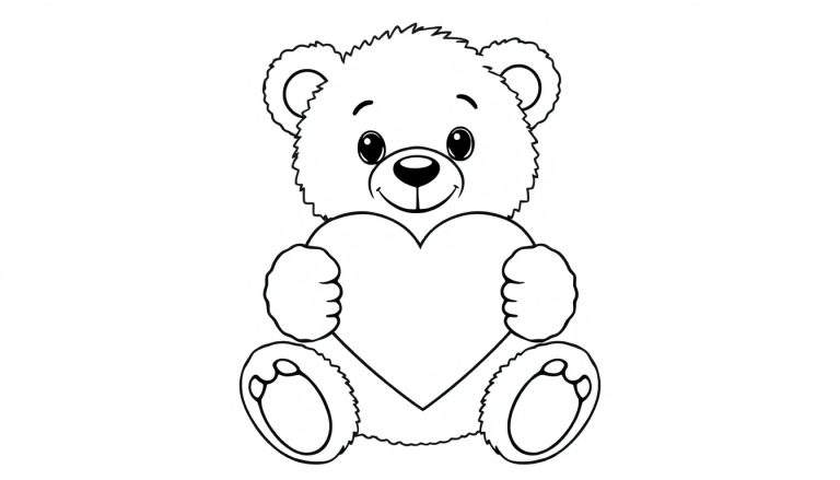 A black and white cartoon teddy bear holding a heart, ready for the color panel.