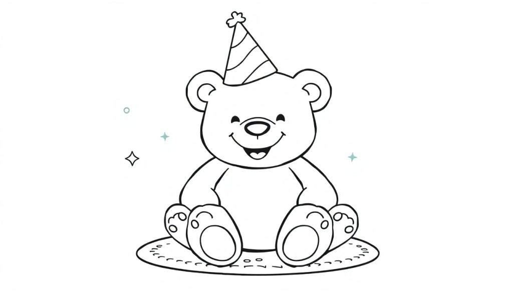 A black and white line drawing of a teddy bear wearing a striped party hat, ready to be colored in on a color panel.