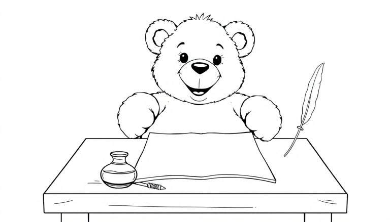 A black and white cartoon of a teddy bear sitting at a desk, ready to write, with a blank page and inkwell. A fun color panel for creativity!