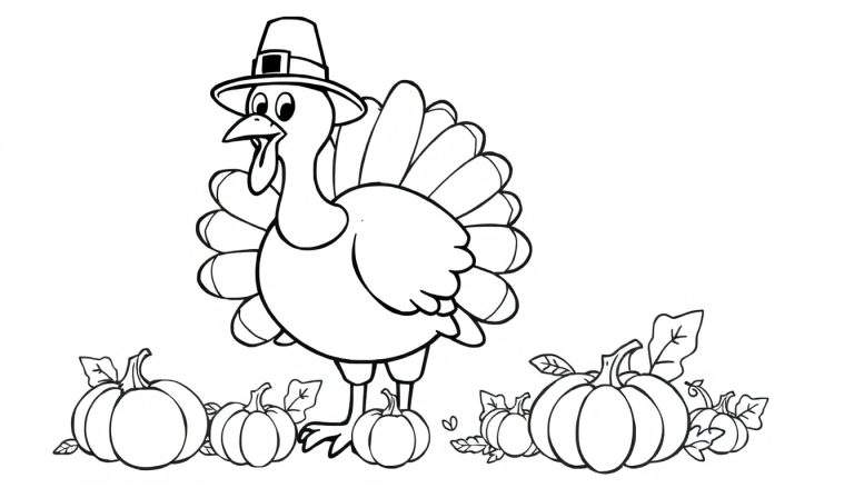 A black and white color panel of a cartoon turkey in a pilgrim hat with large tail feathers, surrounded by pumpkins and leaves.