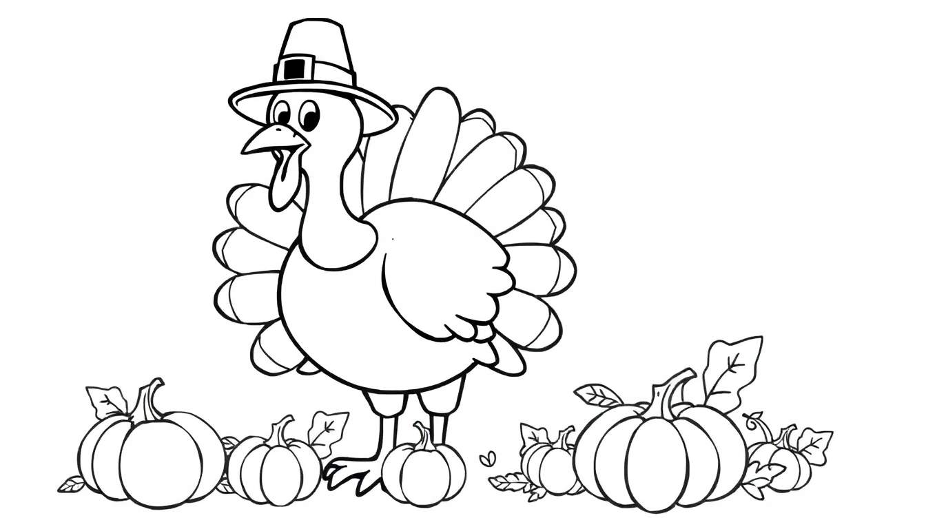 A black and white color panel of a cartoon turkey in a pilgrim hat with large tail feathers, surrounded by pumpkins and leaves.