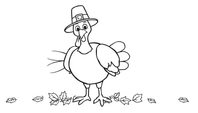A friendly turkey in a pilgrim hat, ready for Thanksgiving fun in this black and white coloring page color panel.