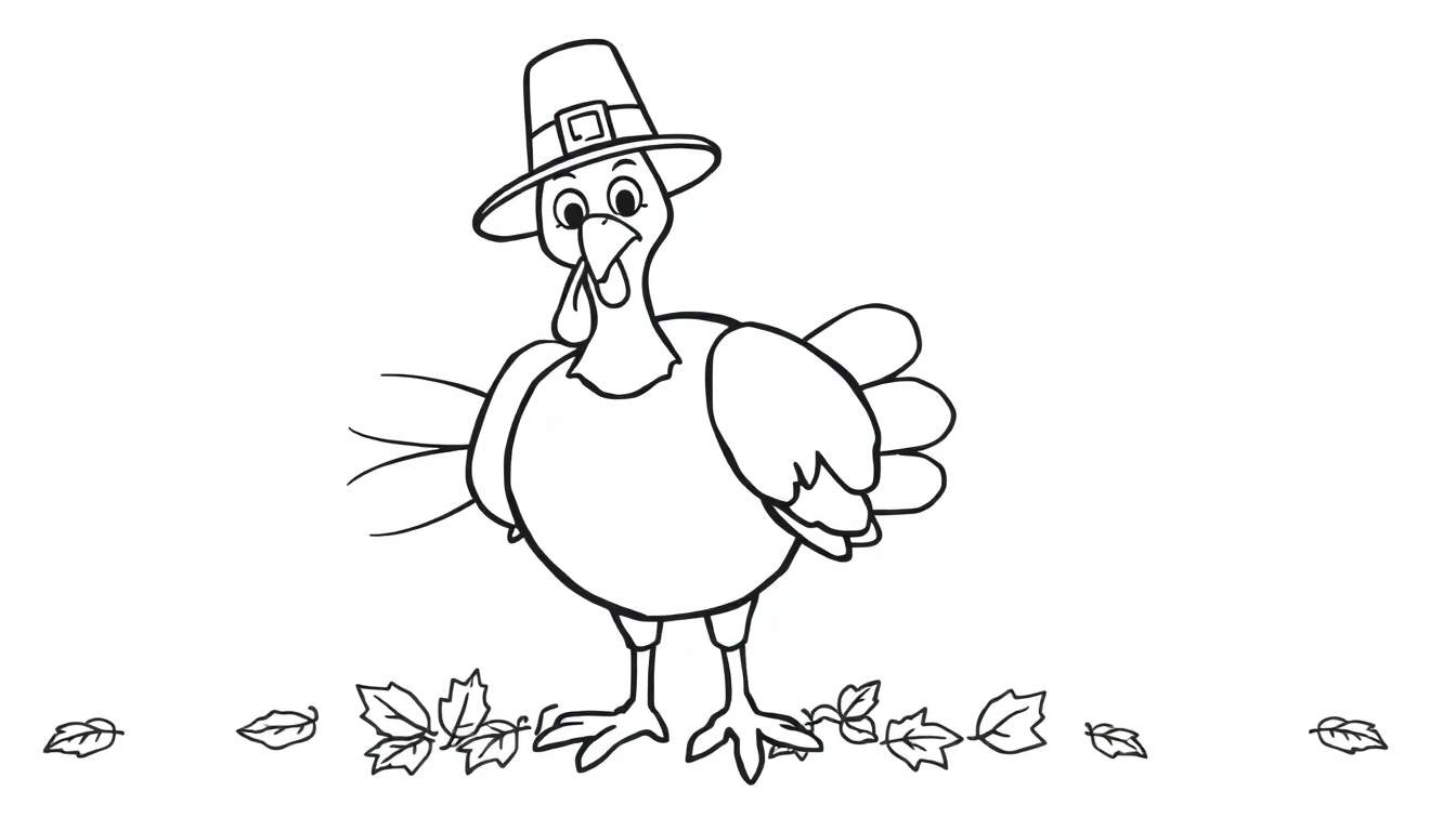A friendly turkey in a pilgrim hat, ready for Thanksgiving fun in this black and white coloring page color panel.