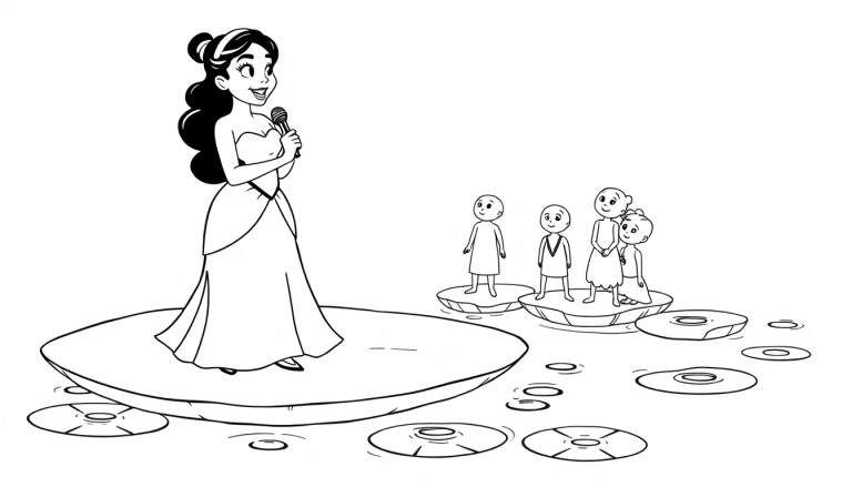 A black and white illustration of Tiana in her iconic green dress, singing on a magical lily pad for her friends, a delightful color panel.