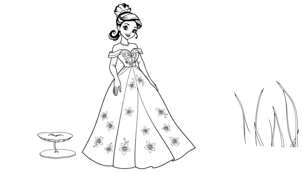 Tiana in her bayou dress, a black and white color panel ready for a royal ball.