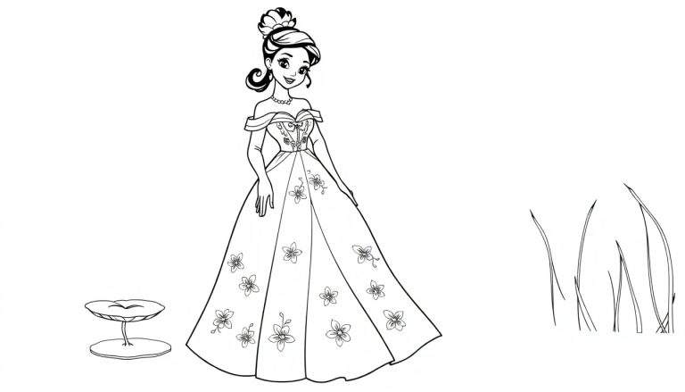Tiana in her bayou dress, a black and white color panel ready for a royal ball.
