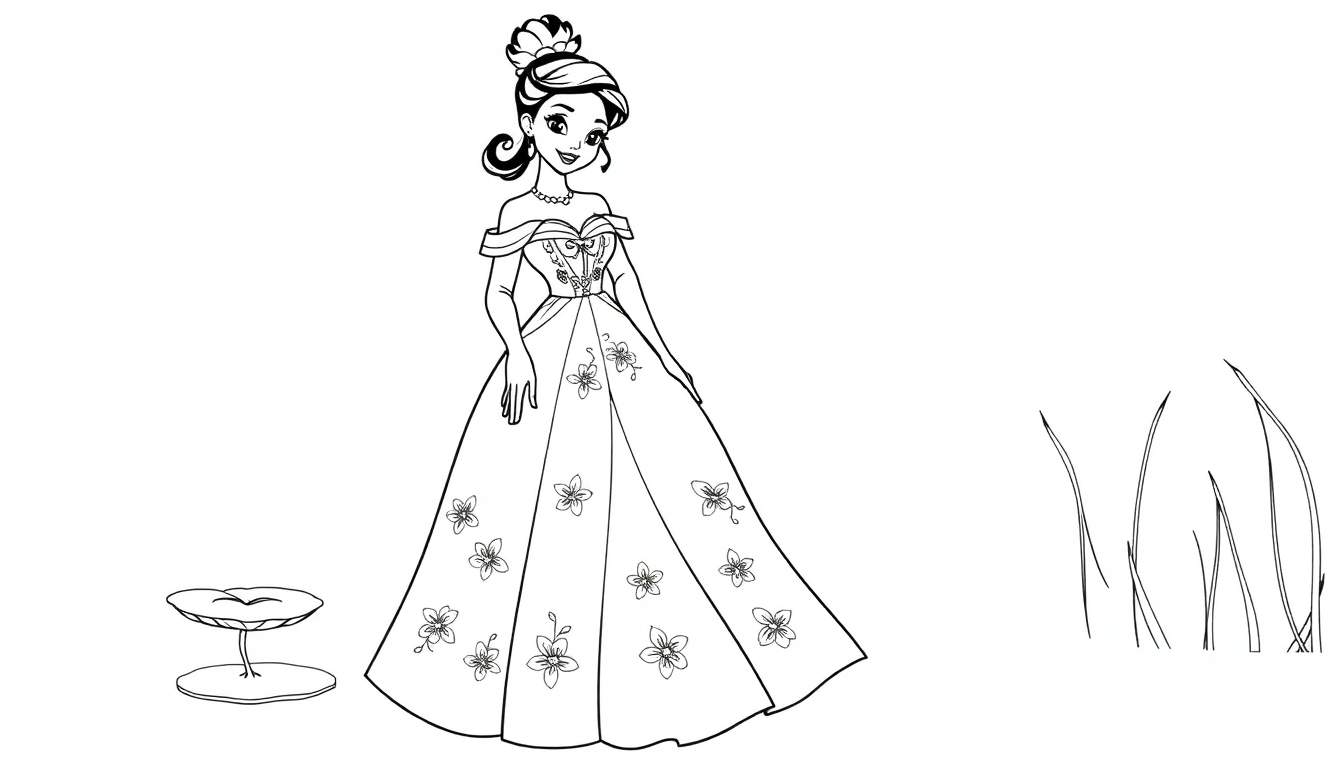 Tiana in her bayou dress, a black and white color panel ready for a royal ball.