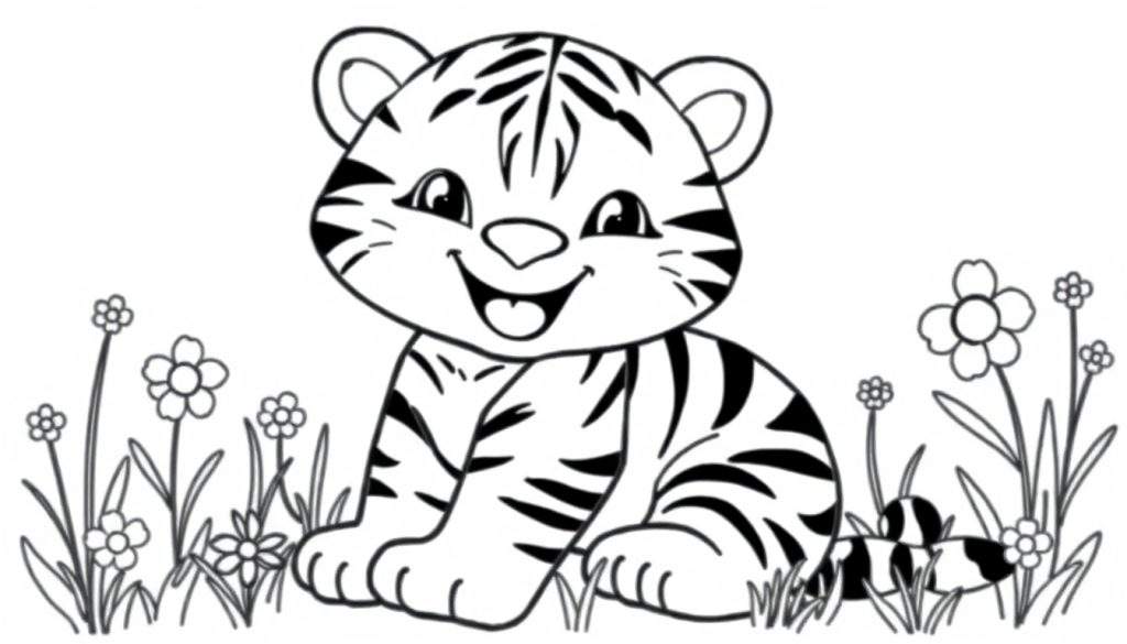 A cute tiger cub line drawing, ready for coloring. This color panel features a happy tiger with big stripes.