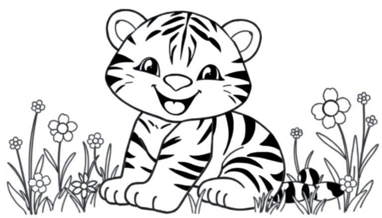 A cute tiger cub line drawing, ready for coloring. This color panel features a happy tiger with big stripes.