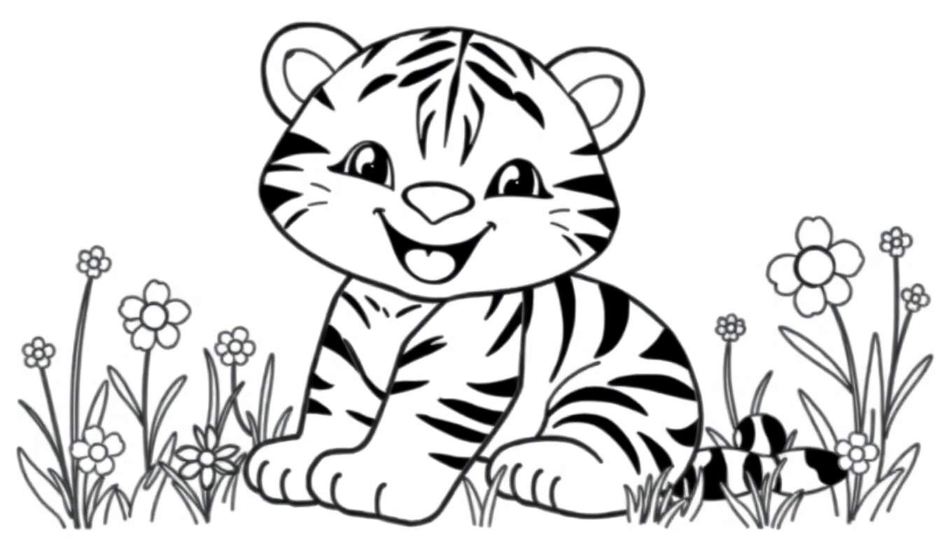 A cute tiger cub line drawing, ready for coloring. This color panel features a happy tiger with big stripes.