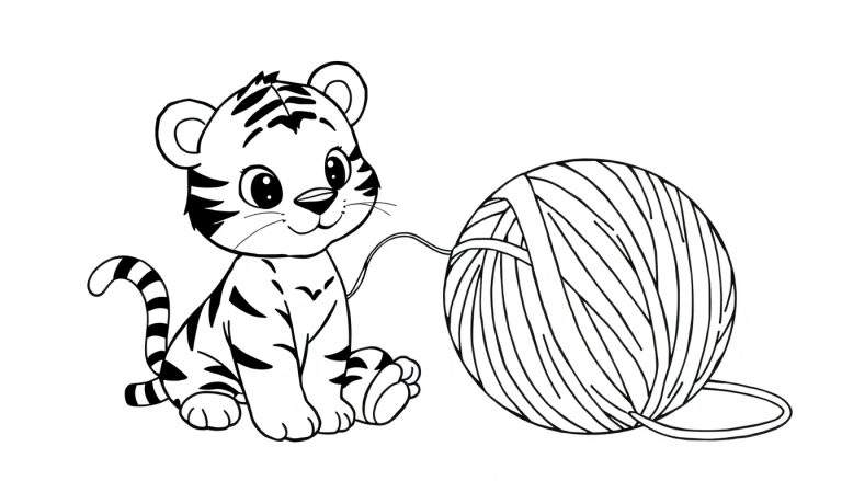 A cute tiger cub playing with a ball of yarn, a black and white color panel for kids.