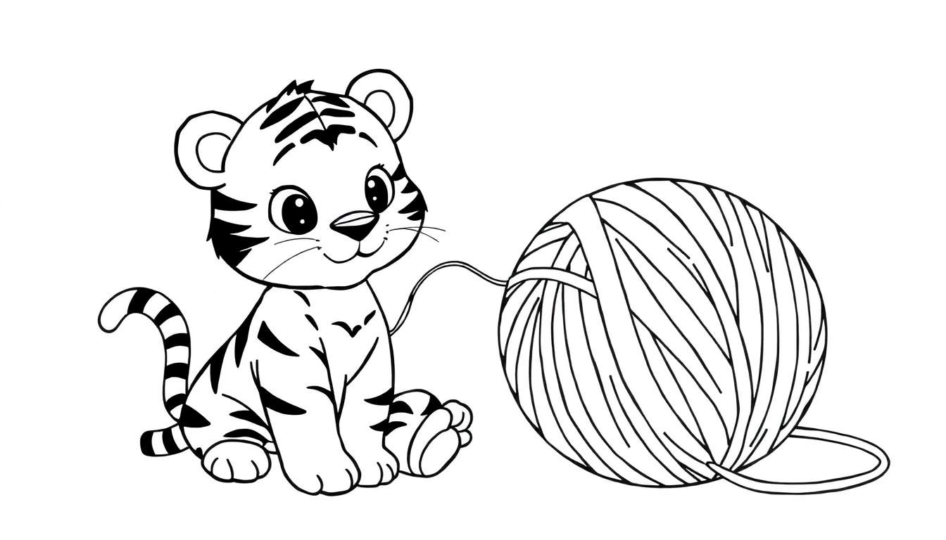 A cute tiger cub playing with a ball of yarn, a black and white color panel for kids.