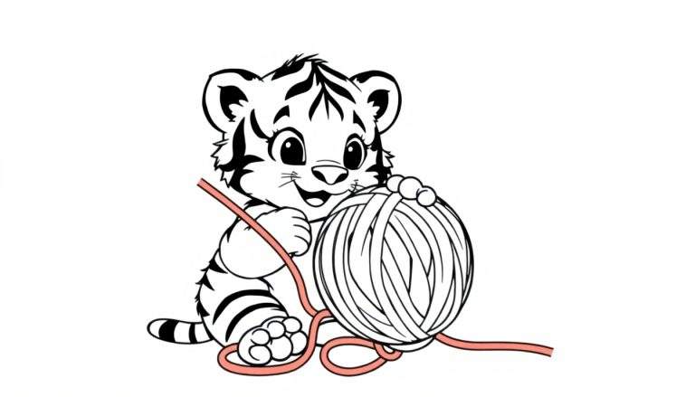 A cute black and white tiger cub playing with a coral-pink ball of yarn, presented as a color panel.