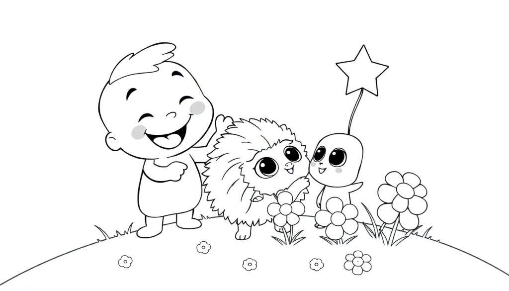 A black and white coloring panel showing a baby playing with a hedgehog on a grassy hill with flowers, and another small character with a star wand.