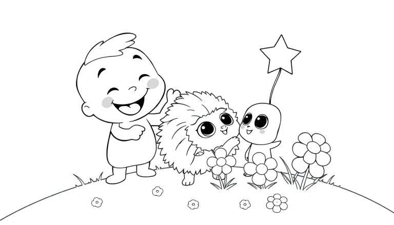 A black and white coloring panel showing a baby playing with a hedgehog on a grassy hill with flowers, and another small character with a star wand.