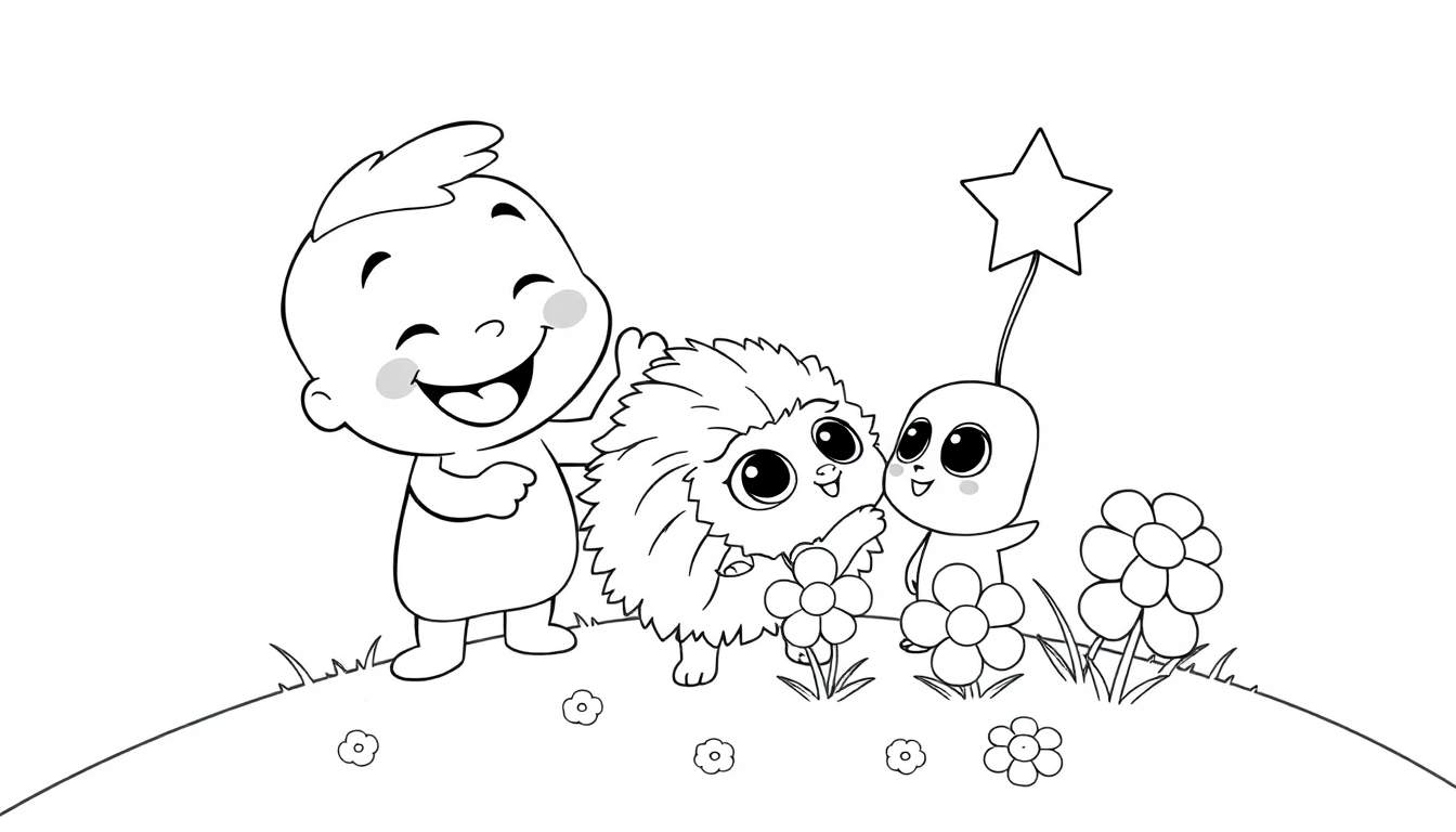 A black and white coloring panel showing a baby playing with a hedgehog on a grassy hill with flowers, and another small character with a star wand.