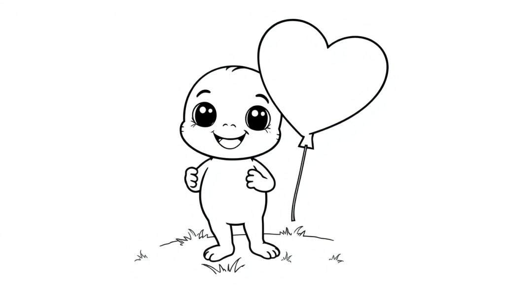 A cute Toca Boca character with big eyes and a friendly smile, holding a heart balloon, ready for coloring on a color panel.